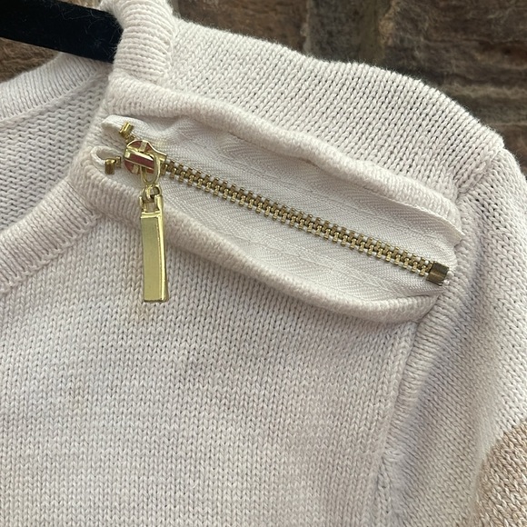 Karen Scott tan, cream and black striped sweater with gold zipper detail. OX - Picture 3 of 9